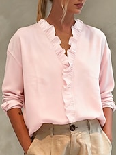 cheap Shirts-Women's Linen-feel Shirts Blouse Ruffle Solid Color Stylish Basic Casual Long Sleeve V Neck Regular Tops Daily Blue White Pink Royal Blue Green Spring Fall