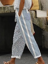 preiswerte Wesentliche Falsche Unterteile-Damen Kunstbaumwollleinen Chinos Gerade Mode Streetwear Lässig Volle Länge Hohe Taille Farbverlauf Gestreift Tasche Elastischer Bund Druck Bequem Weich Mikroelastisch Outdoor Straße Blau Marinenblau