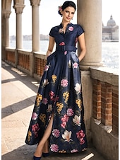  A-Line Floor Length Wedding Guest Dress Formal Dresses Flare Dress Mother of the Bride Dress Short Sleeve V Neck High Split Mother Of The Bride Formal Wedding Guest Satin with Floral Print Slit Pocket