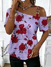 voordelige Bloemen Blouses-Dames T-shirt Afdrukken Bloemig Grafisch Elegant Modieus Klassiek Korte mouw Eén-schouder Normale tops Dagelijks Uitgaan Weekend Wit Blozend Roze Paars Groen Zomer Lente