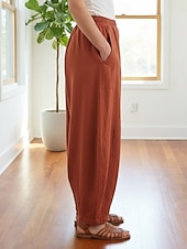 billiga Premium Linnekollektion-Dam Byxor av linne i bomull Kinesiska Sommarbyxor underbyxor Semester Streetwear Grundläggande Fullängd Medium Midja Slät Ficka Elastiskt midjeband Bekväm Komfort Microelastisk Dagligen Utomhus Gata