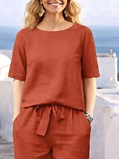 preiswerte Wesentliche Faux Co-ord Sets-Damen Hosen-Sets Bolero Kunstbaumwollleinen Kurzarm Rundhals Einfarbig Mode Streetwear Lässig Täglich Outdoor Blau Orange Grün Sommer Lässiger Schnitt