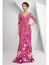 cheap Floor Length-A-Line Floor Length Mother of the Bride Dress Half Sleeve V Neck Elegant Vintage Formal Lace Tulle with 3D Flowers Embroidery Flower