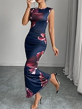 voordelige Bloemenjurk-Dames Maxi-jurk Satijnen Jurk Bodycon Bloemetjesjurk Jurk met print Elegant Modieus Modern Buiten Vakantie Feest Normale pasvorm Bloemig Mouwloos Strakke ronde hals Marineblauw Zomer Lente