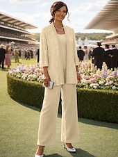 preiswerte Hosenanzüge für Mama-Dreiteilig Knöchellänge Brautmutterkleid Dreiviertelarm Rundausschnitt Party Glanz &amp; Glamour Hochzeitsgast Hochzeitsfeier Familientreffen Chiffon Spitze mit Paillette Einfarbig