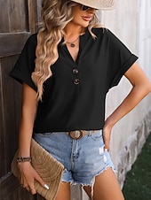 preiswerte Einfarbiges T-Shirt-Damen T Shirt T-Shirt Knöpfe Einfach Mode Stilvoll Klassisch Kurzarm V Ausschnitt Normale Oberteile Täglich Ausgehen Wochenende Blau Schwarz Purpur Fuchsie Grün Sommer Frühling