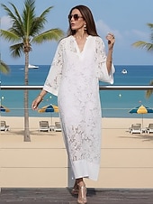 abordables Robes en dentelle blanche-Femmes Robe maxi Robe en dentelle blanche Robe fourreau Occasionnel Quotidien Plage Coupe Ample Uni Manche 3/4 Col en V Blanche Été Printemps Automne
