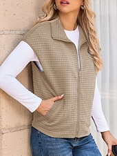 cheap Vest-Women's Casual Jacket Comfortable Breathable Zipper Pocket Buttons Casual Plain Casual Vacation Street Daily Wear Zipper Regular Turndown Regular Fit Short Sleeves Outerwear Black White Brown Spring