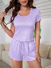 preiswerte Damen Schlafoberteile und -unterteile-Damen Schlafanzug Set Lässig Komfort Punkt Elastischer Bund Shorts Täglich Heim Kurzarm Rundhalsausschnitt Blau Rosa Purpur Grün Sommer Frühling Normale Passform