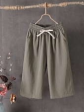 cheap Wide Leg &amp; High Waisted-Women's Cotton Capri Pants Casual Pants Summer Shorts Vacation Fashion Streetwear Calf-Length High Waist Plain Drawstring Pocket Elastic Waist Comfort Comfortable Inelastic Daily Vacation Street