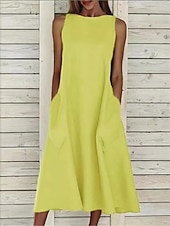 tanie Białe Sukienki Codzienne-damska sukienka midi bez rękawów kieszenie swobodna linia A okrągły dekolt biała lato uniwersalna regularny krój wygodna lekka oddychająca odzież odzież