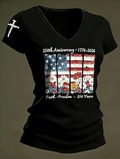  Dia da Independência Americana Mulheres Camiseta Imprimir Gráfico Bandeira à moda Casual Manga Curta Decote V Tops regulares Diário Preto Branco Vermelho Verão Primavera