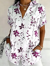 Χαμηλού Κόστους Λουλουδάτες μπλούζες-Γυναικεία Πουκάμισο Κουμπιά Στάμπα Φλοράλ Γραφική Βίντατζ Στυλάτο Μοντέρνα Κοντομάνικο Κολάρο Πουκαμίσου Κανονικά μπλουζάκια Καθημερινά Θαλασσί Κίτρινο Βυσσινί Πράσινο του τριφυλλιού Καλοκαίρι Άνοιξη