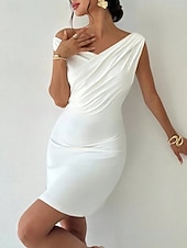 economico Vestito Semplice-Per donna Mini Abito Tubino Elegante Festa cocktail All'aperto Feste Ospite di nozze Arricciato Vestibilità regolare Tinta unica Senza Maniche Senza Spalle Bianco