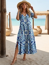 economico Abiti Boho-Per donna Abito maxi Abito a Tubino Vestito Estivo Vestito T-Shirt Abito Estivo Vacanza Casual Boho Spiaggia Feste Ferie Vestibilità comoda Grafico Geometrico Paisley Manica Corta Scollo a V Blu