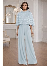 cheap Mom's Jumpsuits-Sheath Column Jumpsuit Pantsuit Floor Length Mother of the Bride Dress Half Sleeve Crew Neck Elegant Simple Casual Formal Wedding Guest Wedding Party Chiffon Shawls with 3D Flowers Beading Appliques