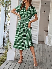 preiswerte Streifen- und geometrische Kleider-Damen Midikleid A Linie Kleid Urlaub Lässig Outdoor Ausgehen Normale Passform Tupfen Kurzarm Umlegekragen Blau Marineblau Weiß Rosa Sommer Frühling