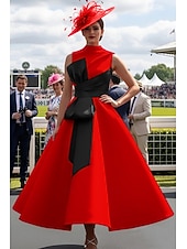 ieftine Rochii de seară cu talie empire-Haine Bal Lungime Gleznă Rochii de bal Rochii de seara Rochie De Bal Rochie formală Elegant 1950 Bloc de Culoare Fără manșon Gât Înalt Bal Invitat la nunta Satin cu Arc