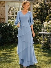 economico Lunghezza del pavimento-Due Pezzi Linea ad A Lunghezza al pavimento Abito da invitata a nozze Abito Formale Abito a Strati Abito da cerimonia per signora Mezza Manica Scollo a V Elegante Con Stola Ospite di nozze Festa di