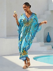 economico abito casual stampato-caftano da vacanza in chiffon con gioielli vintage