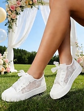 preiswerte Braut-Weiße Plateau-Sneaker mit Spitze für Damen – romantische Brautschuhe für Gartenhochzeiten im Freien