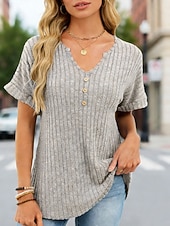 preiswerte Einfarbiges T-Shirt-Damen T Shirt T-Shirt Einfarbig Elegant Vintage Mode Kurzarm V Ausschnitt Normale Oberteile Täglich Sport Wochenende Blau Purpur Khaki Sommer Frühling Herbst