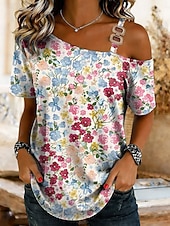 halpa Raidallinen ja geometrinen t-paita-Naisten T-paita Painettu Kuvitettu Geometrinen Vintage Trooppinen Havaijilainen Lyhythihainen Olkaimeton Epäsymmetrinen kaula Tavalliset topit Päivittäin Urheilu Bile Sininen Musta Punastuvan