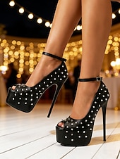 voordelige Open Teen Pumps-Zwarte stilettohakken met studs en plateauzool voor dames – stoere paaldansschoenen voor het nachtleven.