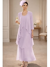 cheap Mom's Dress Sets-Sheath Column Ankle Length Wedding Guest Dress Mother of the Bride Dress Sleeveless V Neck Elegant Simple Wedding Guest Semi Formal Chiffon with Tier Solid Color
