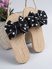 voordelige Vrouwen-Dames slippers met stippen en strik, met gevlochten touwzool – schattige instapschoenen voor strandvakanties, zomervakanties en bij het zwembad.