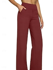 cheap Wide Leg &amp; High Waisted-Women's Trousers Casual Pants Straight Fashion Streetwear Basic Full Length High Waist Plain Pocket Elastic Waist Comfort Micro-elastic Daily Vacation Street Blue Black White Almond Spring Fall Loose