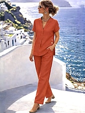 abordables Conjuntos-Mujer Conjunto con tacto de lino Conjuntos de pantalones Bolero Manga Corta Escote en Pico Color sólido Moda Ropa de calle Casual Diario Exterior Azul Piscina Blanco Azul Marino Oscuro Verano Ajuste