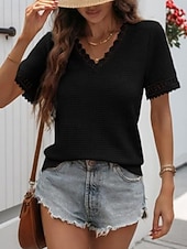 voordelige Effen Blouses-Dames T-shirt Kant Lapwerk Effen Modieus Stijlvol Klassiek Korte mouw V-hals Normale tops Dagelijks Uitgaan Weekend blauw Zwart Wit Leger Groen Groen Zomer Lente