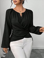cheap Plain Blouses-Women's Blouse Ruched Plain Elegant Stylish Basic Long Sleeve Crew Neck Regular Tops Daily Streetwear Black Pink Wine Green Khaki Spring Fall