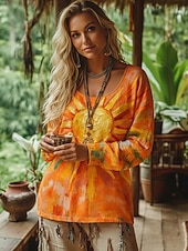 abordables Tops Boho-Mujer Camiseta bohemia Camiseta Camiseta superior Estampado Graphic Vintage Étnico Casual Manga Larga Escote en Pico Tops regulares Diario Fin de semana Ropa de vacaciones Amarillo Rojo Naranja Verde