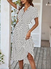 preiswerte Streifen- und geometrische Kleider-Damen Midikleid A Linie Kleid Urlaub Lässig Outdoor Ausgehen Normale Passform Tupfen Kurzarm Umlegekragen Blau Marineblau Weiß Rosa Sommer Frühling