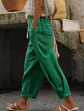 Χαμηλού Κόστους Βασικά Ψεύτικα Κάτω-Γυναικεία Βαμβακερό λινό παντελόνι κινέζικα Ίσια Διακοπές Βασικό Καθημερινό Πλήρες μήκος Ψηλή Μέση Σκέτο Τσέπη Ελαστική ζώνη μέσης Άνετα Άνεση Moale Μικροελαστικό