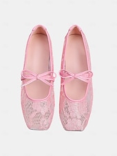 cheap Bridesmaid-Women's Blush Pink Lace Ballet Flats, Bow-Tie Comfortable Dress Shoes, Elegant Bridesmaid Flats for Garden Weddings