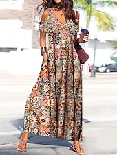 cheap Casual Floral Dresses-Women's Maxi Dress Beach Dress Casual Dress Floral Dress Elegant Fashion Modern Outdoor Vacation Going out Regular Fit Floral Short Sleeve V Neck Black Yellow Dark Blue Summer Spring