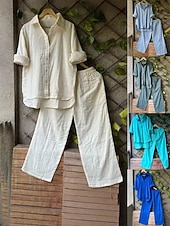 levne Základní sady falešných koordinačních kalhotek-Dámské Sady kalhot Bolero Imitace bavlny a lnu Dlouhý rukáv Košilový límec Pevná barva Módní Šik ven Ležérní Denní Venkovní Vodní modrá Bílá Oceánová modř Léto Volný