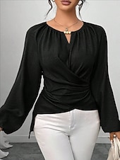 cheap Plain Blouses-Women's Blouse Ruched Plain Elegant Stylish Basic Long Sleeve Crew Neck Regular Tops Daily Streetwear Black Pink Wine Green Khaki Spring Fall