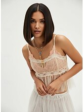 Недорогие Кружевные топы-Жен. Блуза Кружевные топы Кружева Пэчворк Полотняное плетение Стиль Секси Современное Без рукавов U-образный вырез Укороченные топы Повседневные Праздники На выход Черный Абрикосовый Лето Весна