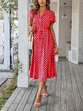 preiswerte Streifen- und geometrische Kleider-Damen Midikleid A Linie Kleid Urlaub Lässig Outdoor Ausgehen Normale Passform Tupfen Kurzarm Umlegekragen Blau Marineblau Weiß Rosa Sommer Frühling