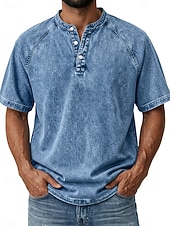 economico magliette di base-Per uomo Maglietta Camicia Demin Camicia 100% cotone lavaggio acido Top Henley Manica Corta Semplice Vintage Streetwear Casual Lavato Manica corta Collo alla coreana Henley Casuale Casa Streetwear