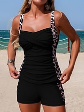 levne Tankiny-Dámské Plavky Tankini 2 ks Kraťasy Plavky Vysoký pas Štíhlý Volná záda prázdniny Oblečení na pláž Leopard Barevné bloky Do V Bez rukávů Plavky