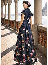  A-Line Floor Length Wedding Guest Dress Formal Dresses Flare Dress Mother of the Bride Dress Short Sleeve V Neck High Split Mother Of The Bride Formal Wedding Guest Satin with Floral Print Slit Pocket