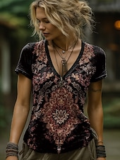 preiswerte Boho-T-Shirt-Damen T Shirt Druck Grafik Paisley-Muster Pflanzen Bohemien Vintage Stilvoll Kurzarm V Ausschnitt Lange Oberteile Täglich Ausgehen Wochenende Blau Schwarz Marineblau Braun Grün Sommer Frühling