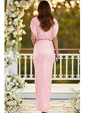 cheap Sheath Evening Dresses-Sheath Column Floor Length Wedding Guest Dress Formal Dresses Evening Gown Prom Dresses Elegant Short Sleeve V Neck Prom Formal Sequined Velvet Cowl Back with Glitter