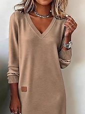 voordelige Witte jurk-Dames Halflange jurk Hemdjurk Casual jurk Modieus Basic Dagelijks Vakantie Uitgaan Normale pasvorm Effen Lange mouw V-hals Wit Wijn Kameel Lente Herfst