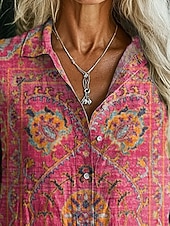 economico Arte &amp; Design Bluse-Per donna Camicia Finto cotone e lino Bottoni Stampato Floreale Bohemien Attivo Casual Manica Lunga Colletto a Camicia Top Regolari Quotidiano Ferie Blu Rosa Viola Estate Primavera Autunno